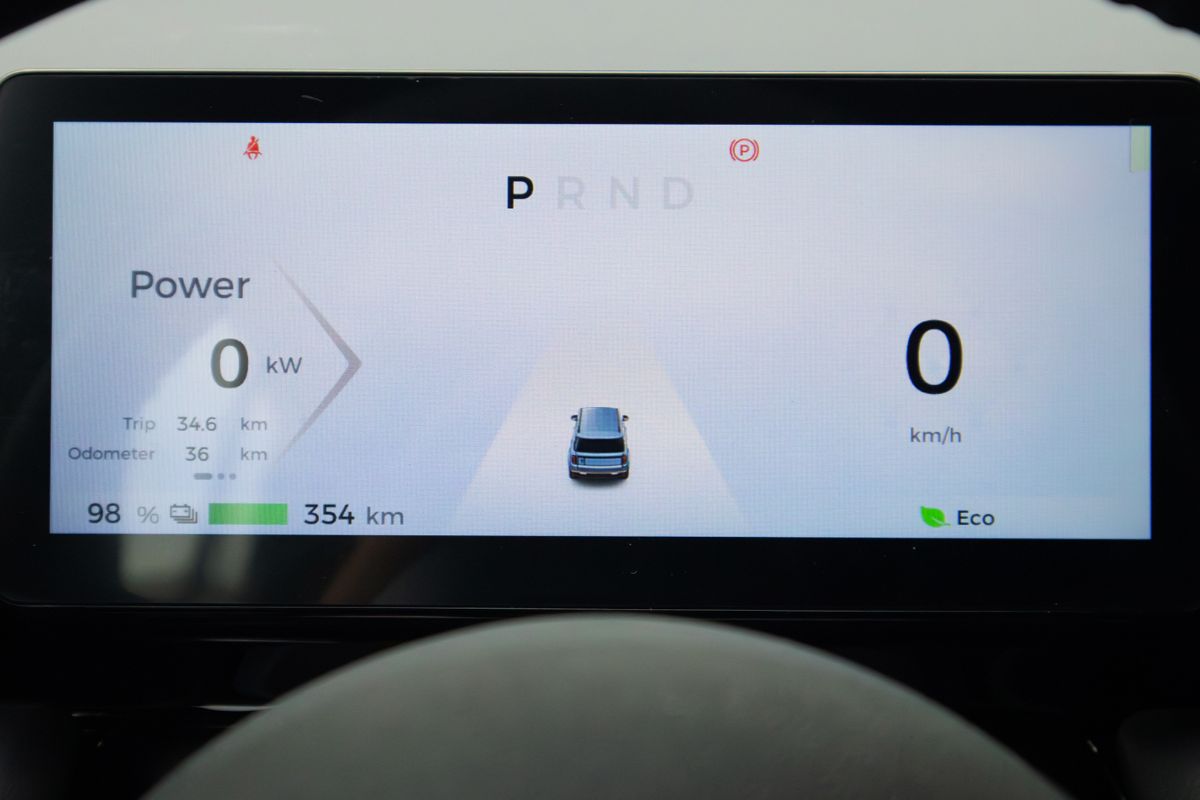 Chevrolet Spark EUV digital driver display showing battery level, driving range, speed, power usage, and Eco mode